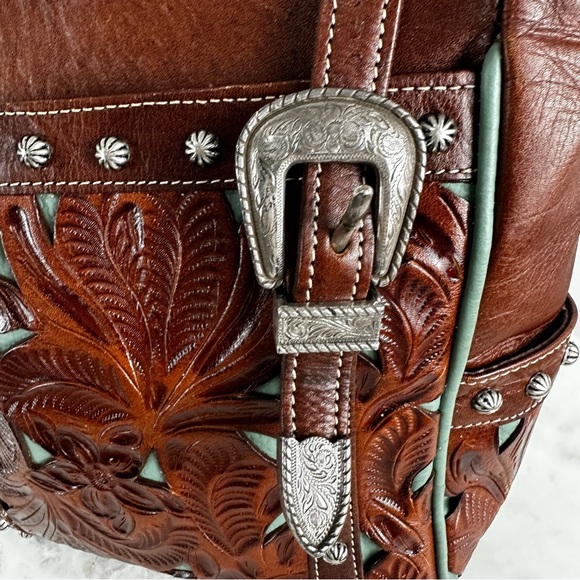 American West Desert Flower Zip Top Tote Tan Brown And Turquoise - Picture 3 of 7